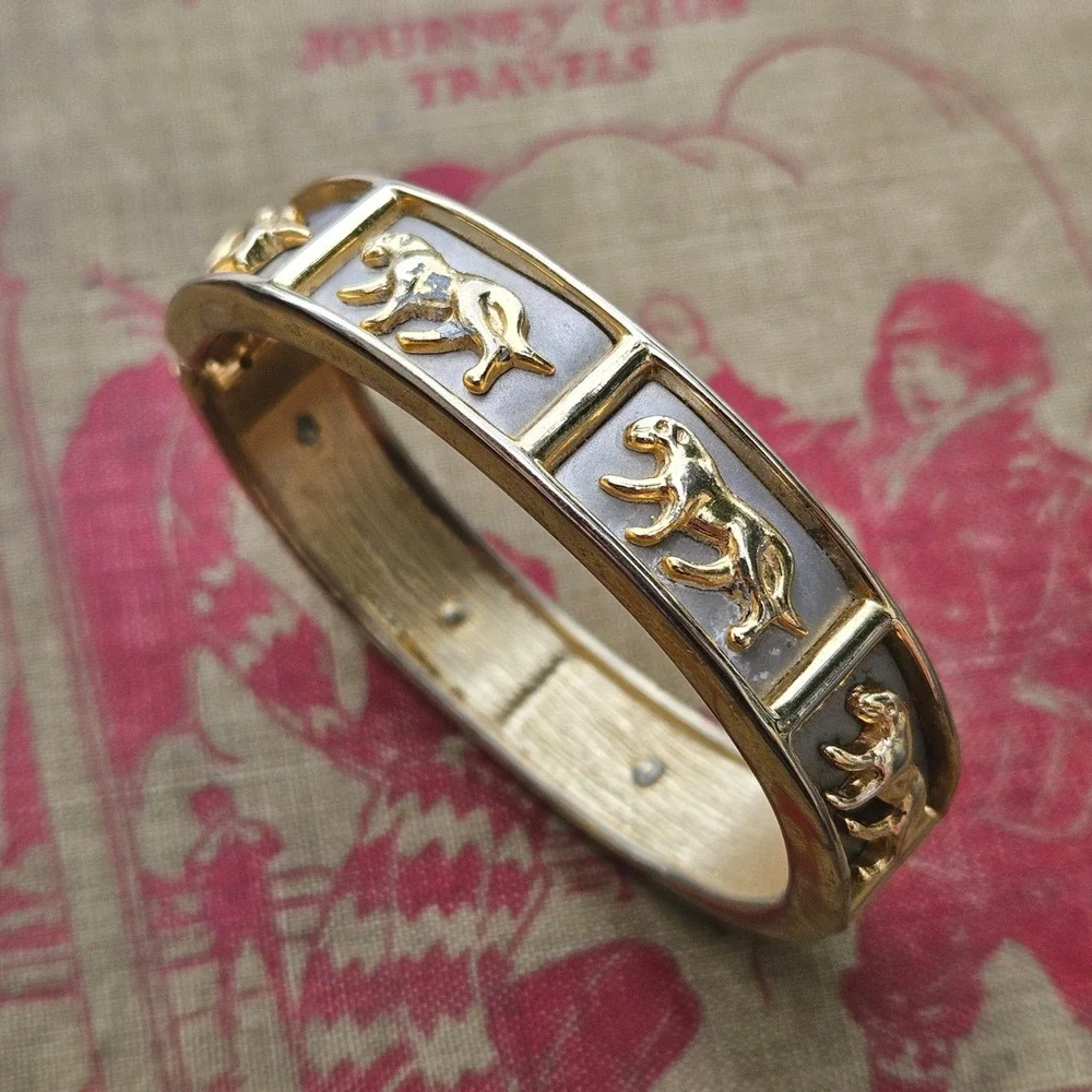 Vintage 80s Gold Silver Tone Panther Hinged Bangle Bracelet Big Cat Statement
